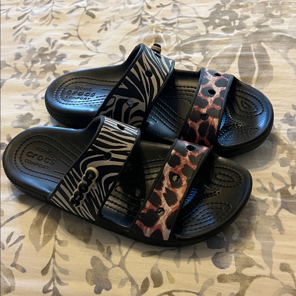 CROCS Black Slide Sandals with Zebra & Leopard Straps